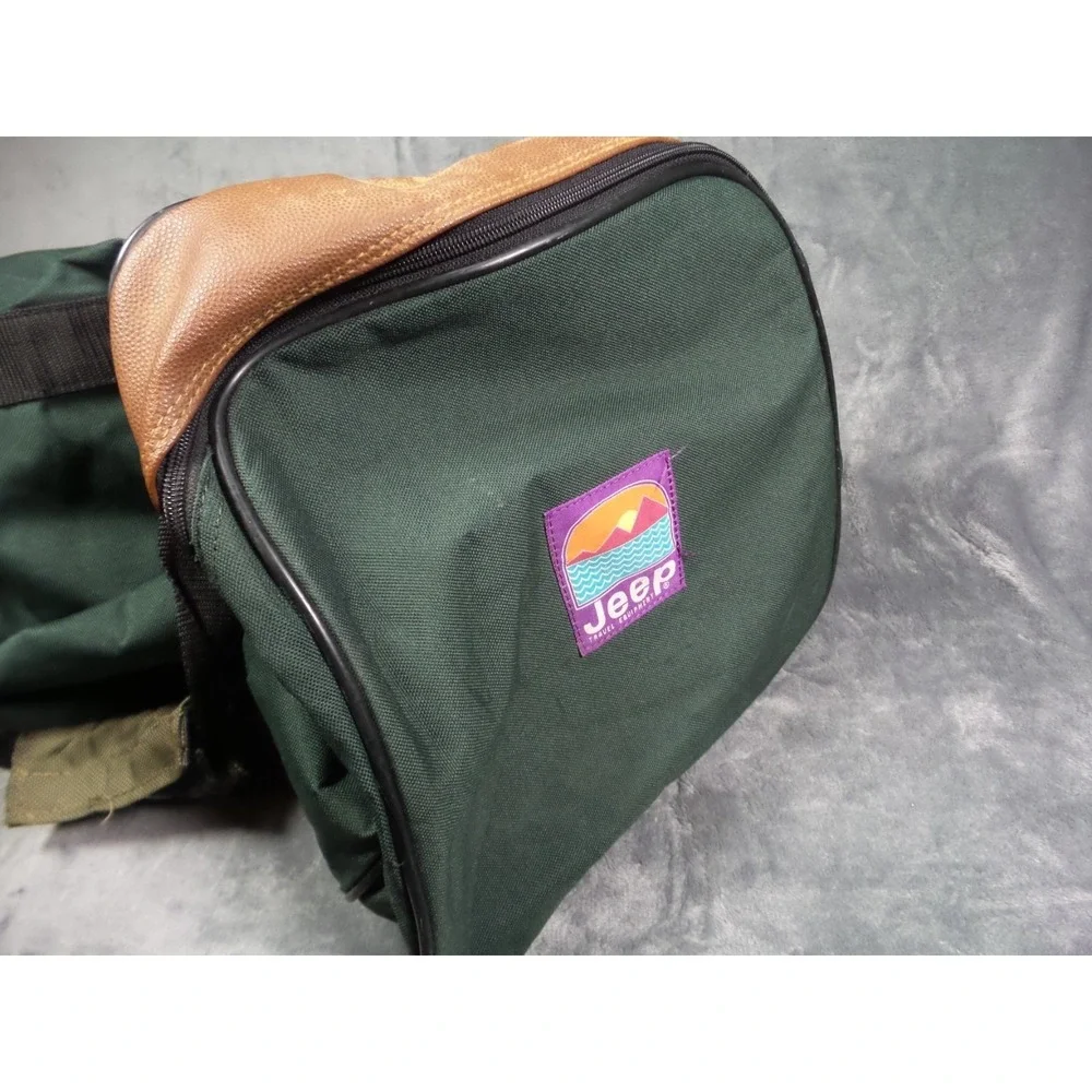 Vintage Jeep Motors Travel Equipment Duffel Bag Green Brown 90s Patch Logo Gym